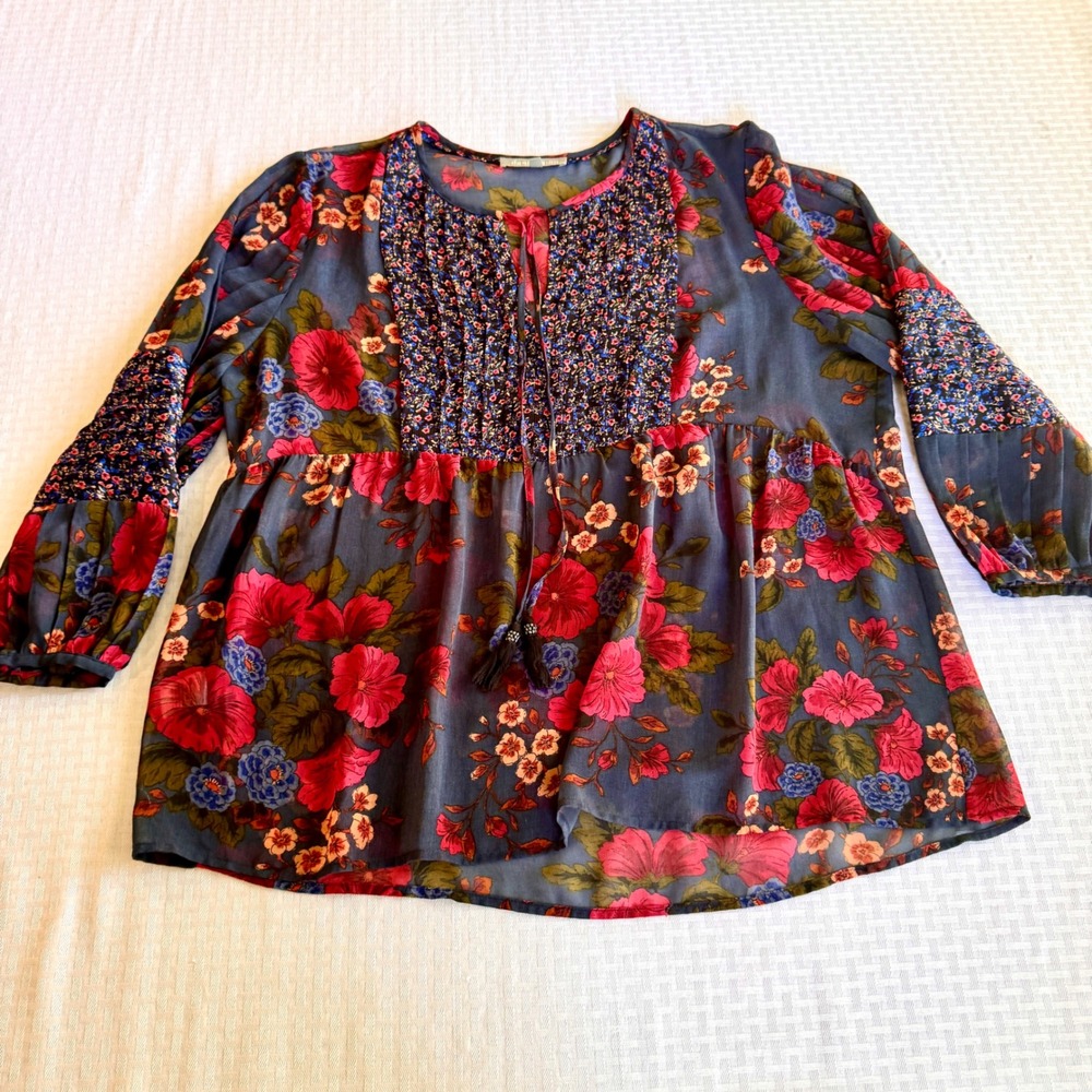 Daniel Rainn XL Boho Floral Peasant Blouse Mixed Print Tassel Tie Navy D20311PG4